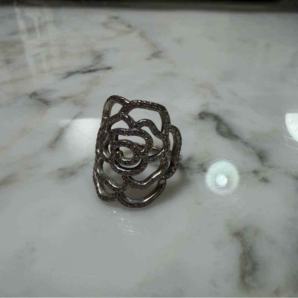 Pandora Silver Floral Openwork Rose Ring